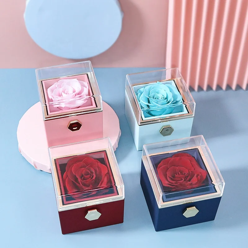 Ever Bright 2024 New Design Engagement Ring 180 Degree Rotation Preserved Flower Roses Jewelry Gift Box for Valentine Day