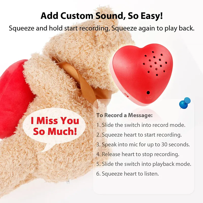 Heart shape recordable heartbeat recorder sound voice music record box button module for plush toys stuffed animal