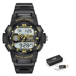 Часы наручные LIGE Мужские кварцевые, водонепроницаемые светодиодные спортивные цифровые с будильником, с коробкой, 50 м