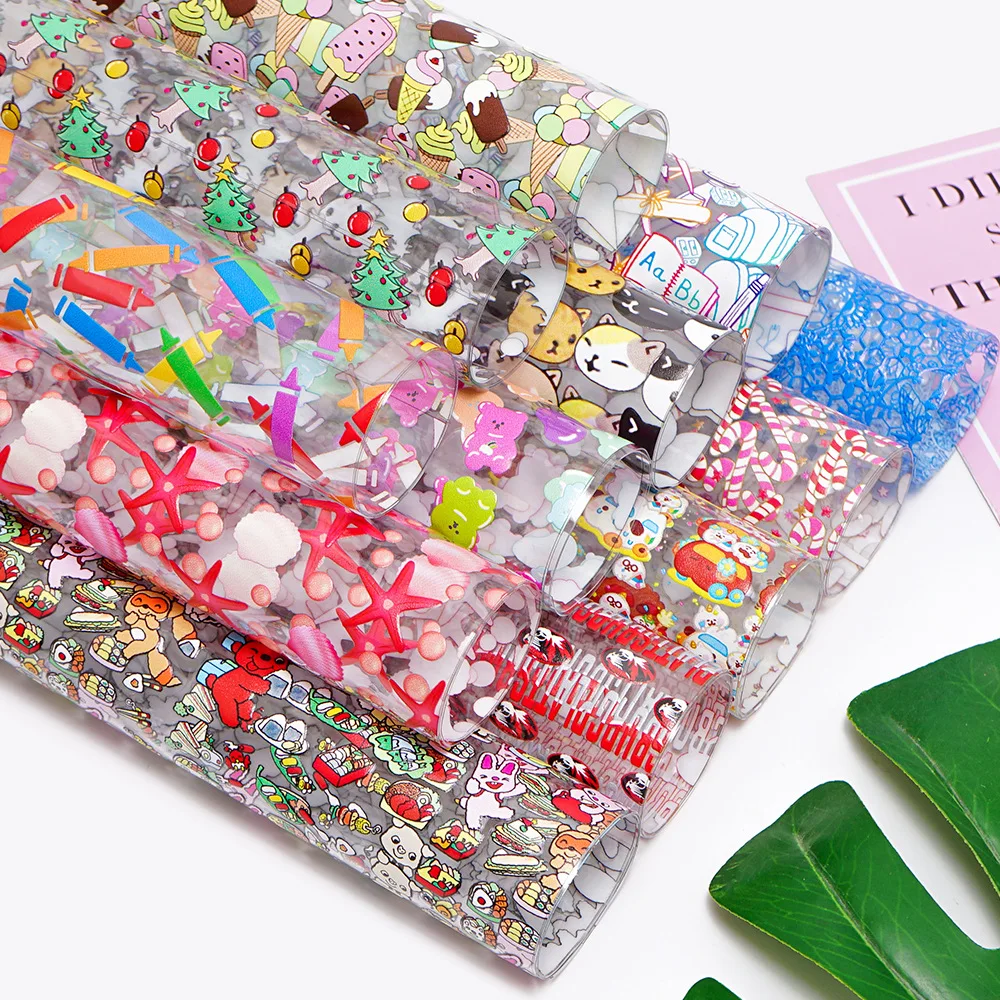 30*120CM Thickness ECO-Friendly New Printed Dessert Star Fish Pattern Transparent Leather Fabric For Bags Shoes