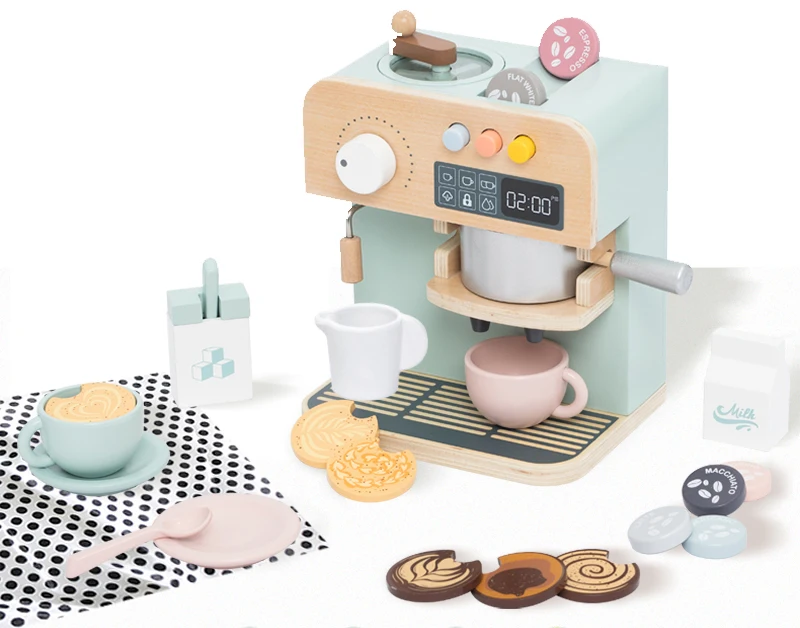 Wholesale Educational Wooden DIY Kitchen Toy for Kids Role Pretend Play Simulation Coffee Machine Set for Boys and Girls