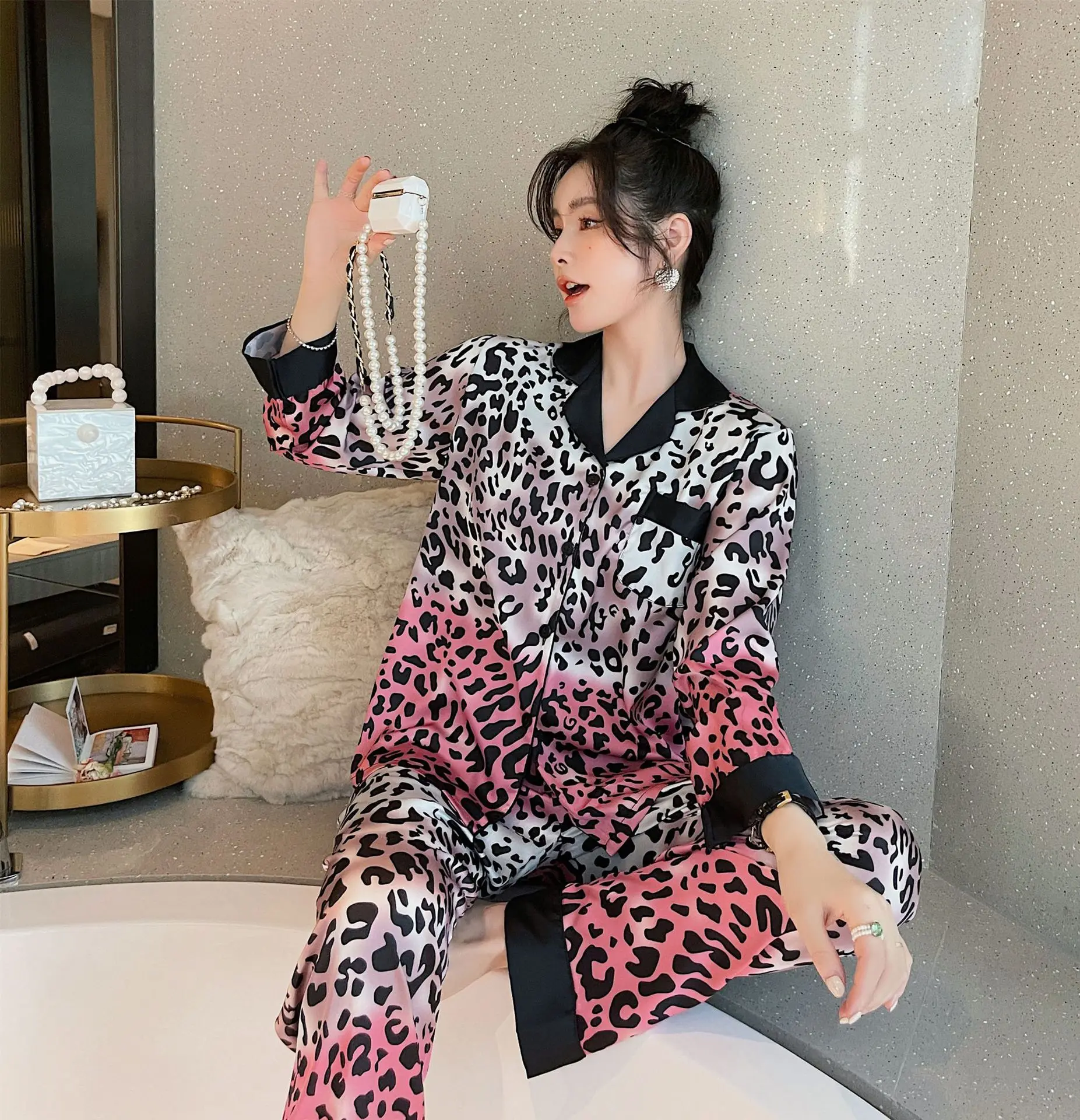 Satin Pyjamas Luxury Inspired Sexy Women 2022 New Arrivals Wholesale Home Wear Leopard Print Pajamas