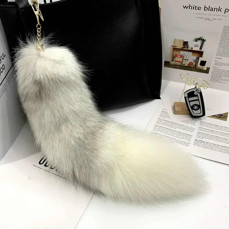 wholesale 38cm 40cm 45cm big size silver fox tail natural color fluffy fox fur tail