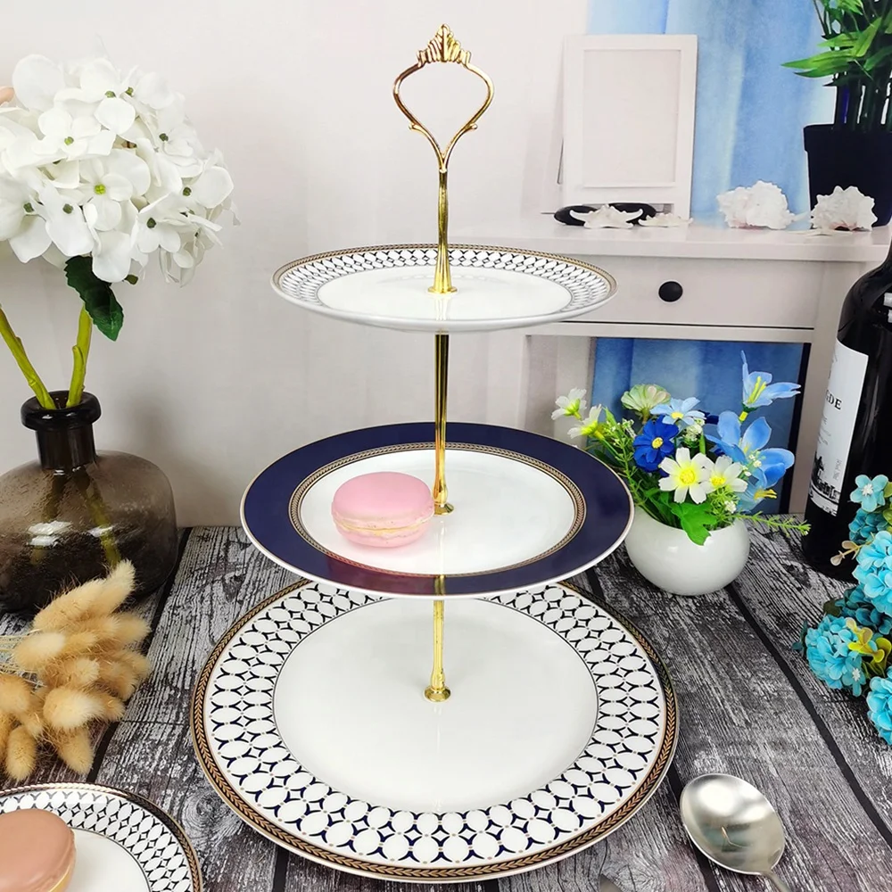 Wholesale decorative cake tools ceramic serving tray wedding bone china round 3 tier cake stand
