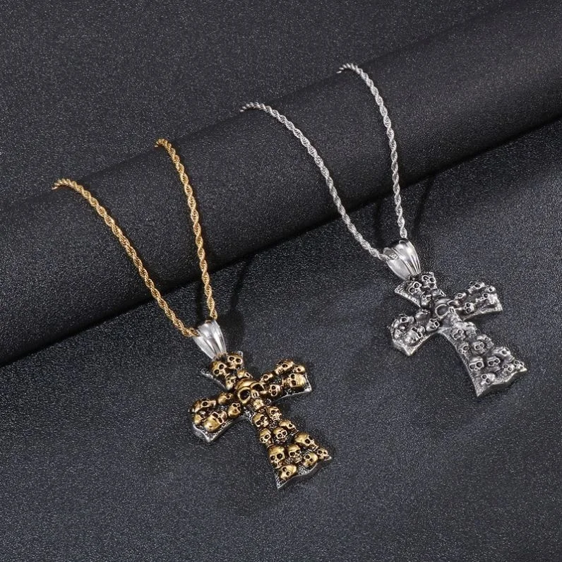 Halloween Cross Pendant Long Chain Necklace Cross Skulls Necklace Punk Jewelry Stainless Steel Cross Pendant Necklace for Men