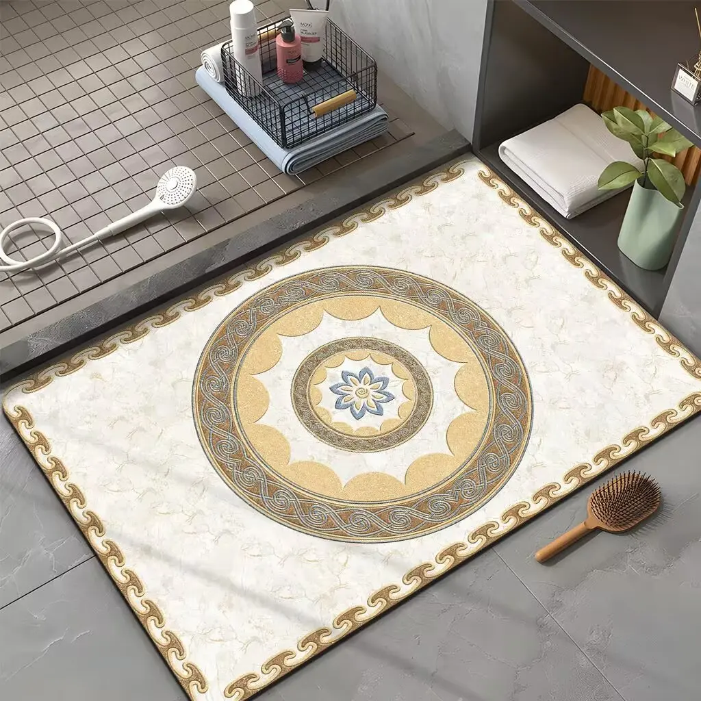 Traditional Chinese Craftsmanship Modern air Door Mats White Border with Gold Shaped Carpet in the Center 9X12 Bath Mat