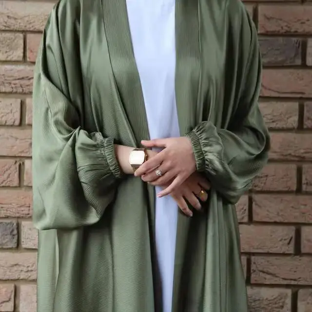 Eid Women Open Abaya Dubai Soft Solid Puff Sleeves Silky Kaftan Dubai Muslim Robe Islamic Clothing Cardigan Abaya Dress