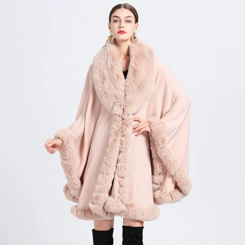 Luxury Oversize Plain Color Winter Female Stoles Knitted Faux Rabbit Fur Collar Poncho Cape Shawl Wrap