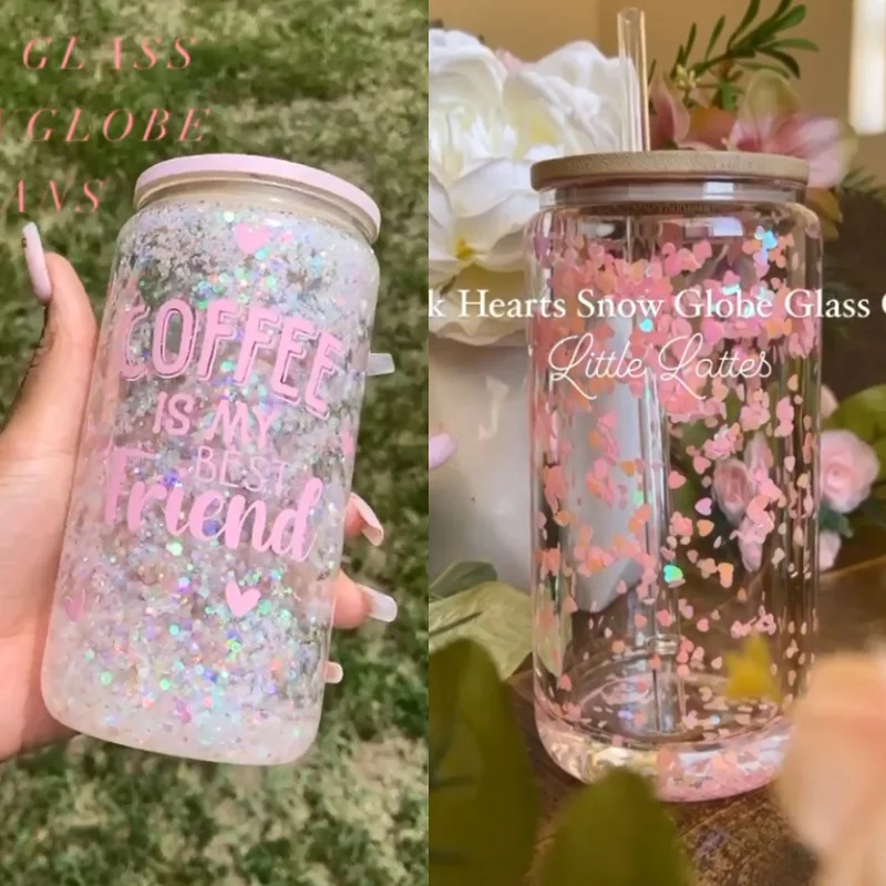 USA warehouse glitter clear beer Can Shaped pre drill 16oz 20oz blank sublimation double walled snow globe glass can cups