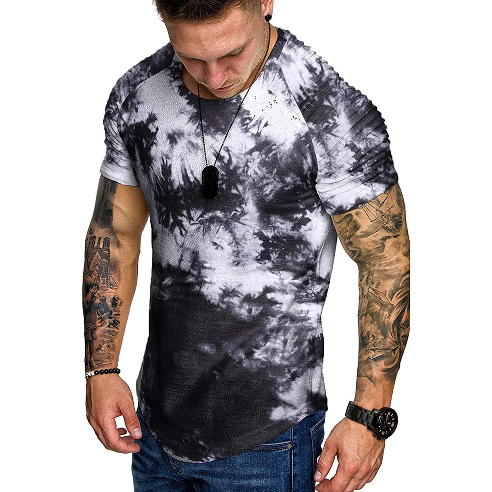 Shinesia direct deal tie dyed t-shirt for men new fashion pleated raglan sleeves cotton t shirt sports fitness t-shirt