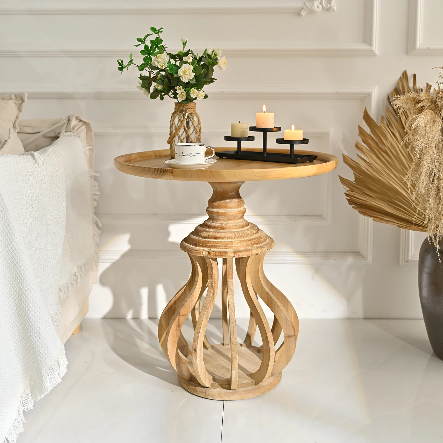 INNOVA Home farmhouse natural style round solid wood living room side coffee table