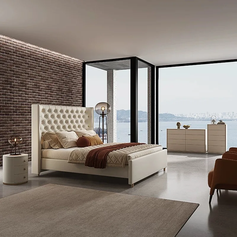 High Quality Modern Luxury Velvet Fabric Bed High Heads Wooden Frame Hotel Villa Bedroom Sets King Queen Size Bed