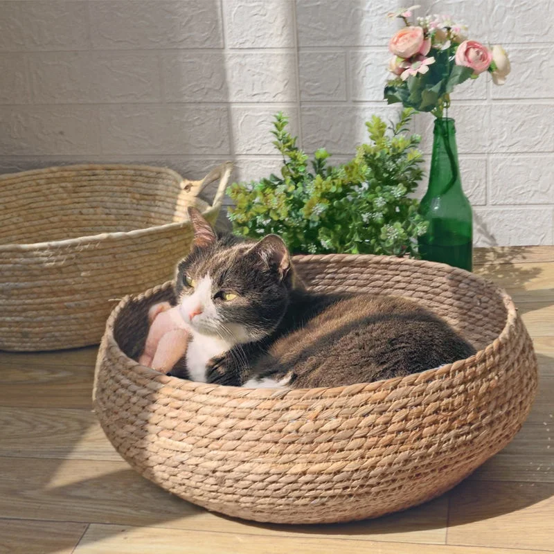 Hand Made Rattan Round Bed with Soft Cushion for Cats or Small Dogs Rattan Cat Bed