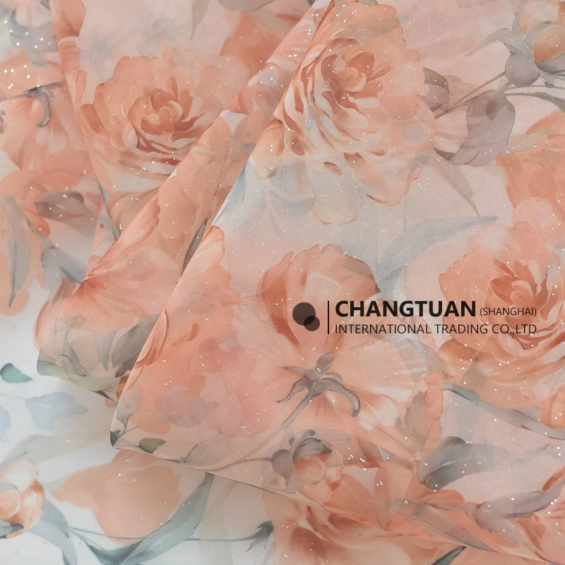 Wholesale High Quality Organza Fabric Shiny Silver Power Big Floral Printed Organza Fabric