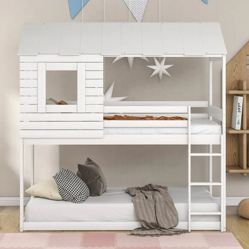 Cheap price kids bedroom furniture wood pine twin over twin tree house bunk bed