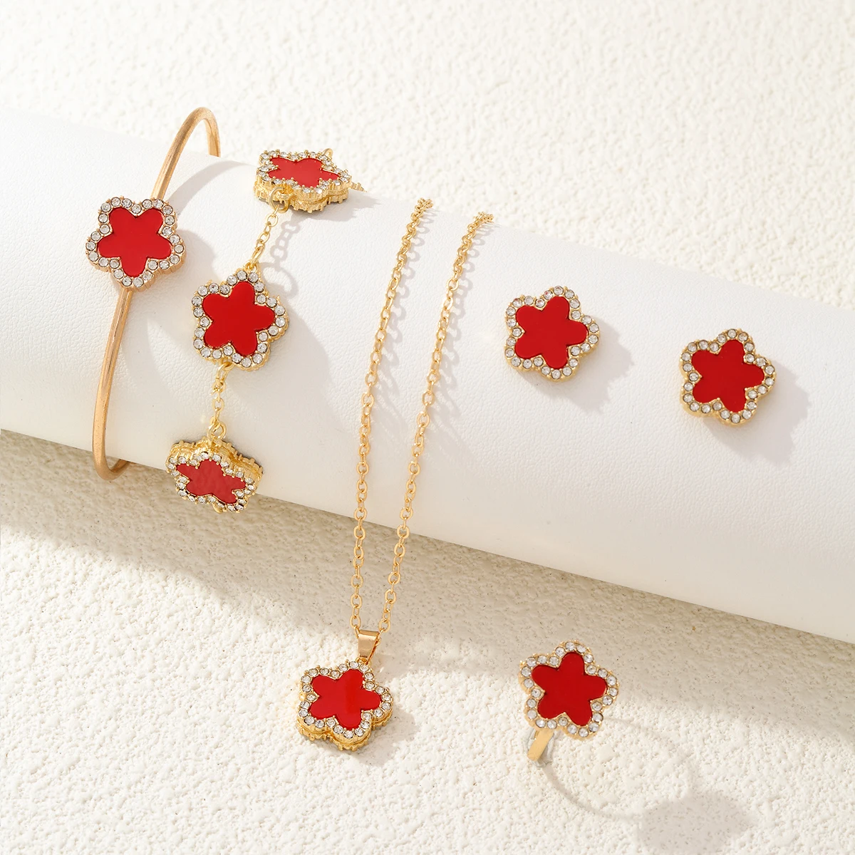 CDD 2024 Women Light Luxury 5Pcs/Set Diamond Clover Necklace Earrings Ring Bracelet&Bangle Five Leaf Flower Jewelry Set