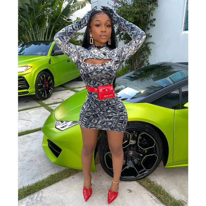 
High-elastic Long Sleeve Mini Dress For Lady Night Clube Wear Velvet Style Dollar Print High Neck Bodycon Dress Club Dress 