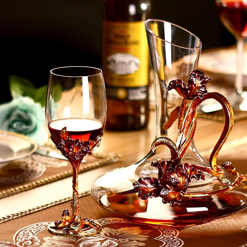 Enamel Colored Peacock Green Wine Glass European Retro High-End Red Wine Glass Set Home Large Crystal Glass