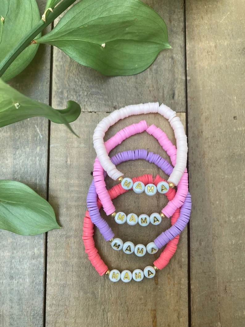 Custom MAMA Bracelet Charm Gold Filled Neutral Heishi Disc Bracelet Personalized Polymer clay Bracelet Bangle Jewelry Gift