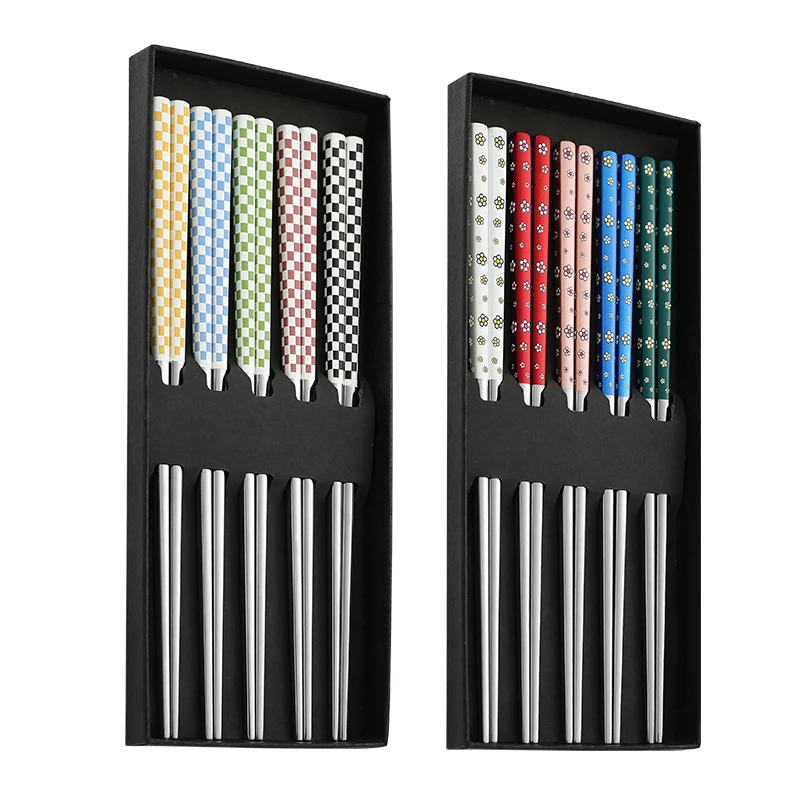 Checkerboard Pattern Handle Chopsticks Stainless Steel Custom Titanium Korean Chopstick Making Machines