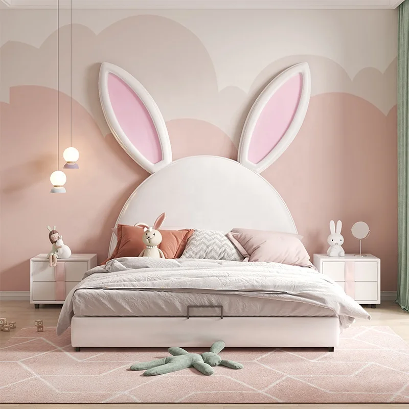 Airland Modern Kids Bedroom Furnitures Children Upholstered Beds Home Rabbit Genuine Leather Soft Backrest Storage Wooden Bed