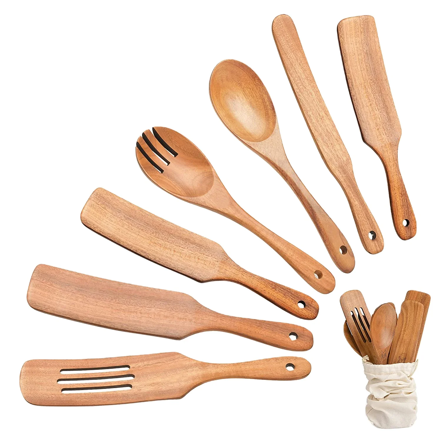 Amazon Best Sell 7Pcs Kitchen Gadgets Wooden Spoons Cooking Utensil Set Wooden Spurtle Set Natural Premium Acacia Wood Spatulas