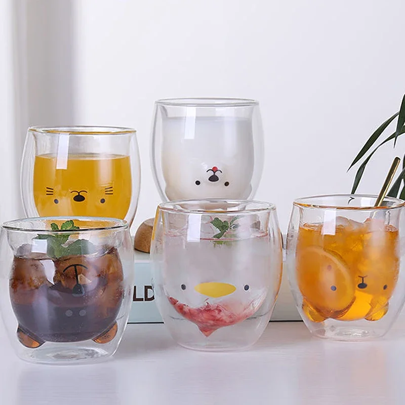 Creative Cute Bear Double-Layer Coffee Mug Double Glass Cup Carton Animal Milk Glass Lady Cute Cat Duck Dog Gift Christmas Gift