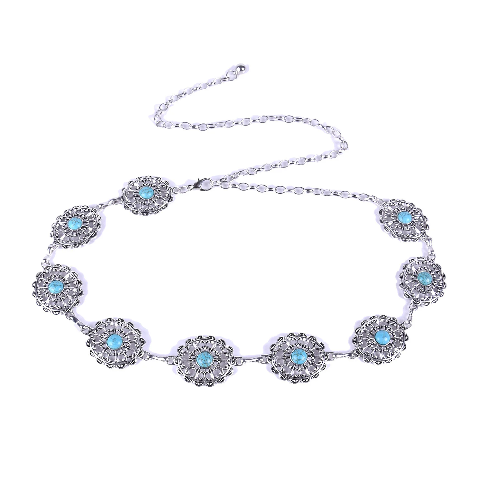Fashion Oval Turquoise Stone Concho Retro Metal Belt Body Chain Jewelry Waist Belts For Women