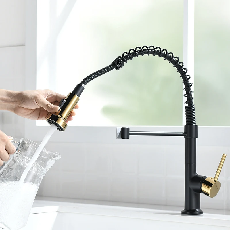 Matte Black Gold Commercial Single Handle Lever Spring Pull Out Spray Kitchen Faucet Hot and Cold Water Sink Tap