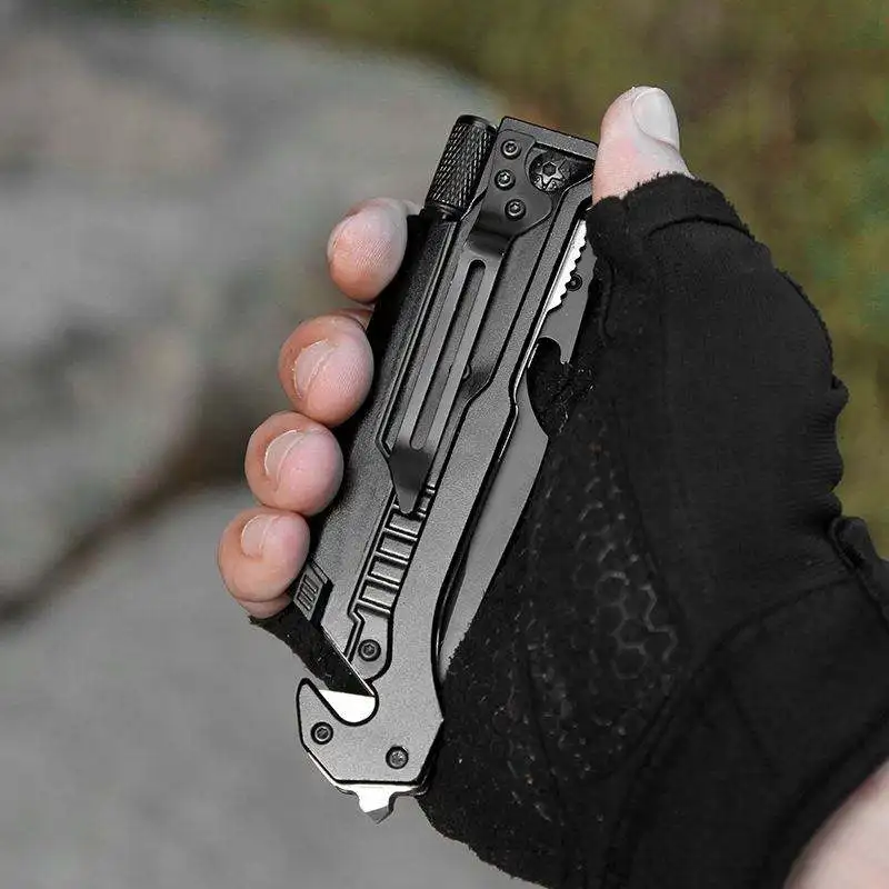 Built in Fire Starter in Aluminium Oxidized Handle LED Light 3Cr13 Serrated Blade with Bottle Opener Camouflage Folding Knife