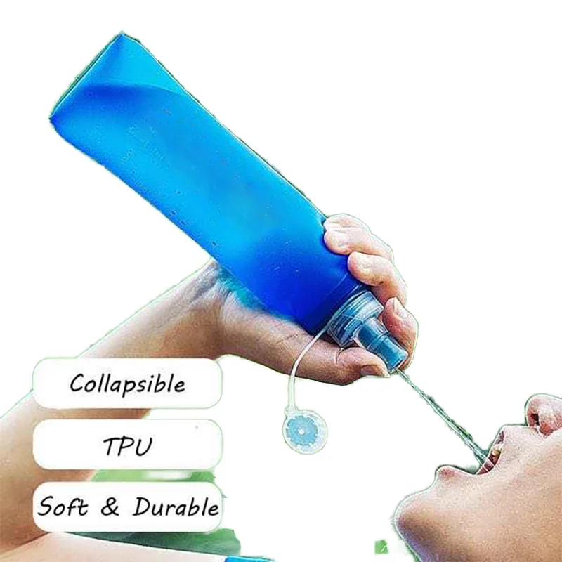 OEM/ODM Folding Blue Green Gray TPU Running Kettle 250ml 350ml 500ml Collapsible Soft Water Bottle Unisex for Camping