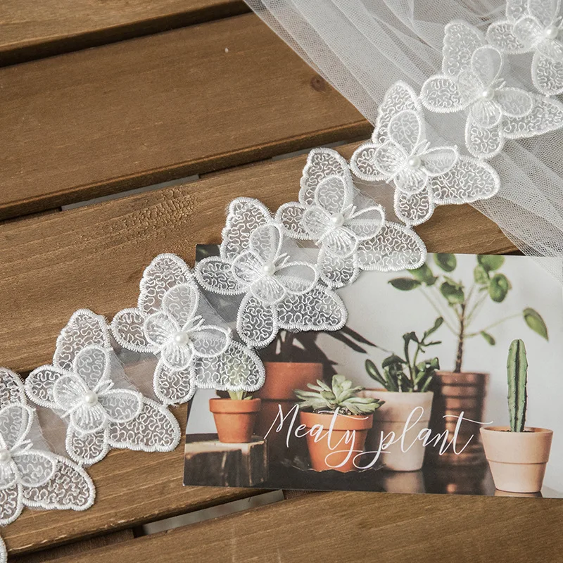 Pearl Embroidered Organza Lace Trim Ribbon Applique Fabric Handmade Diy white  Butterflies for Wedding Dress Sewing Craft