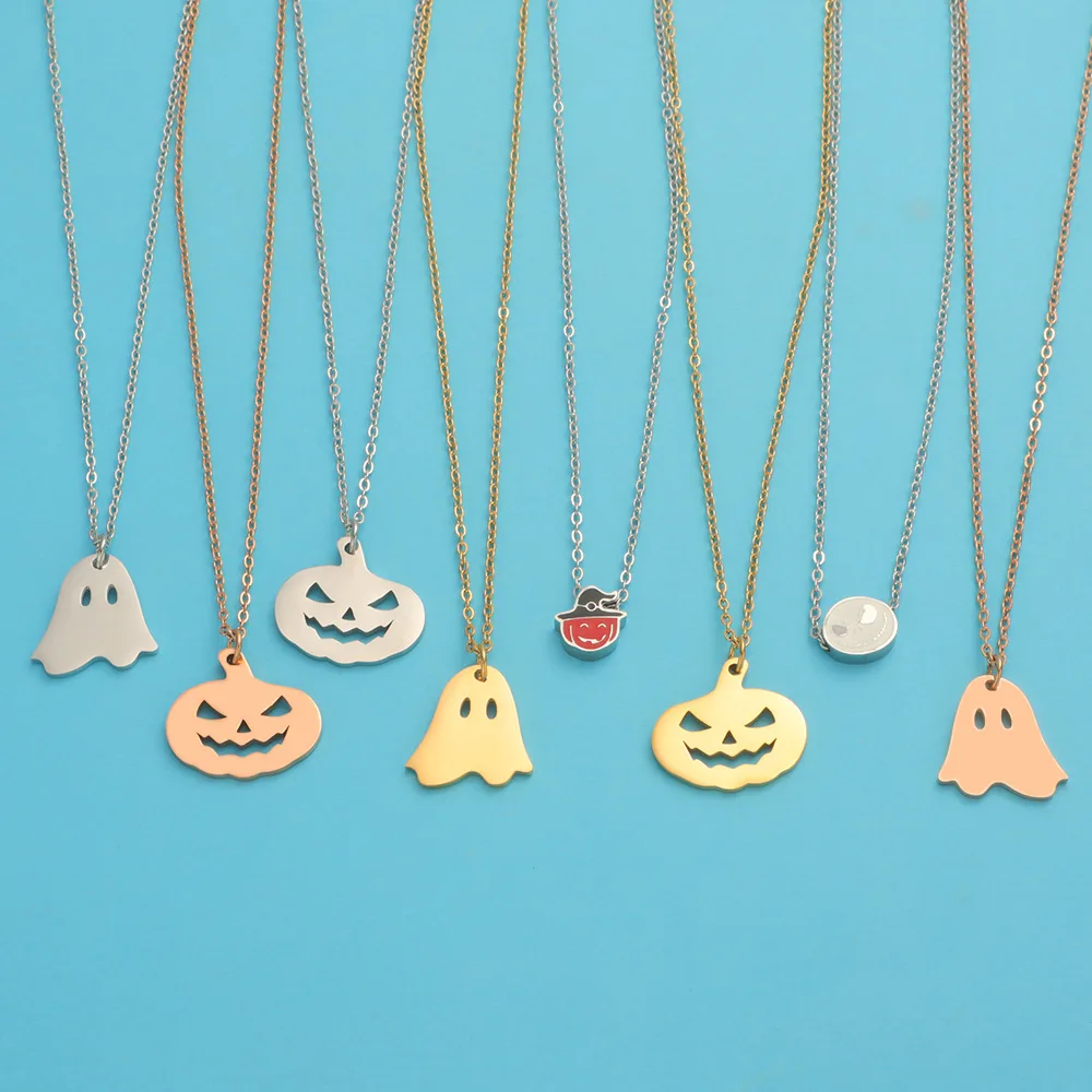 Dina Factory 18K Gold Plated Minimalist Charm Pendant Necklace Halloween Ghost Necklace Pumpkin Lantern Stainless Steel Jewelry
