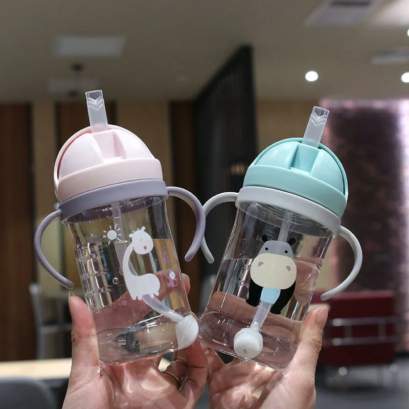 Cartoon Outdoor 250ml-350ml Baby Feeding Cup With Straw Children Learn Feeding Drinking Bottle For Kids