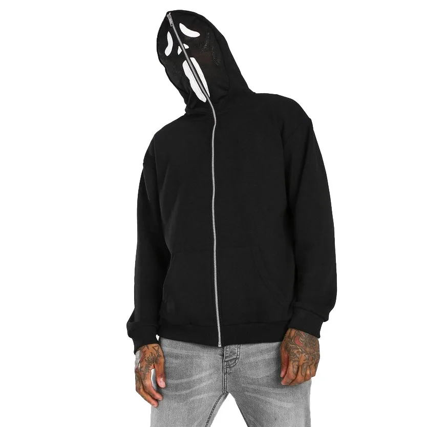 Custom Hoodie Embroidery Zipped Face Anime Blank Wholesale Streetwear Black Full Zip Hoodie