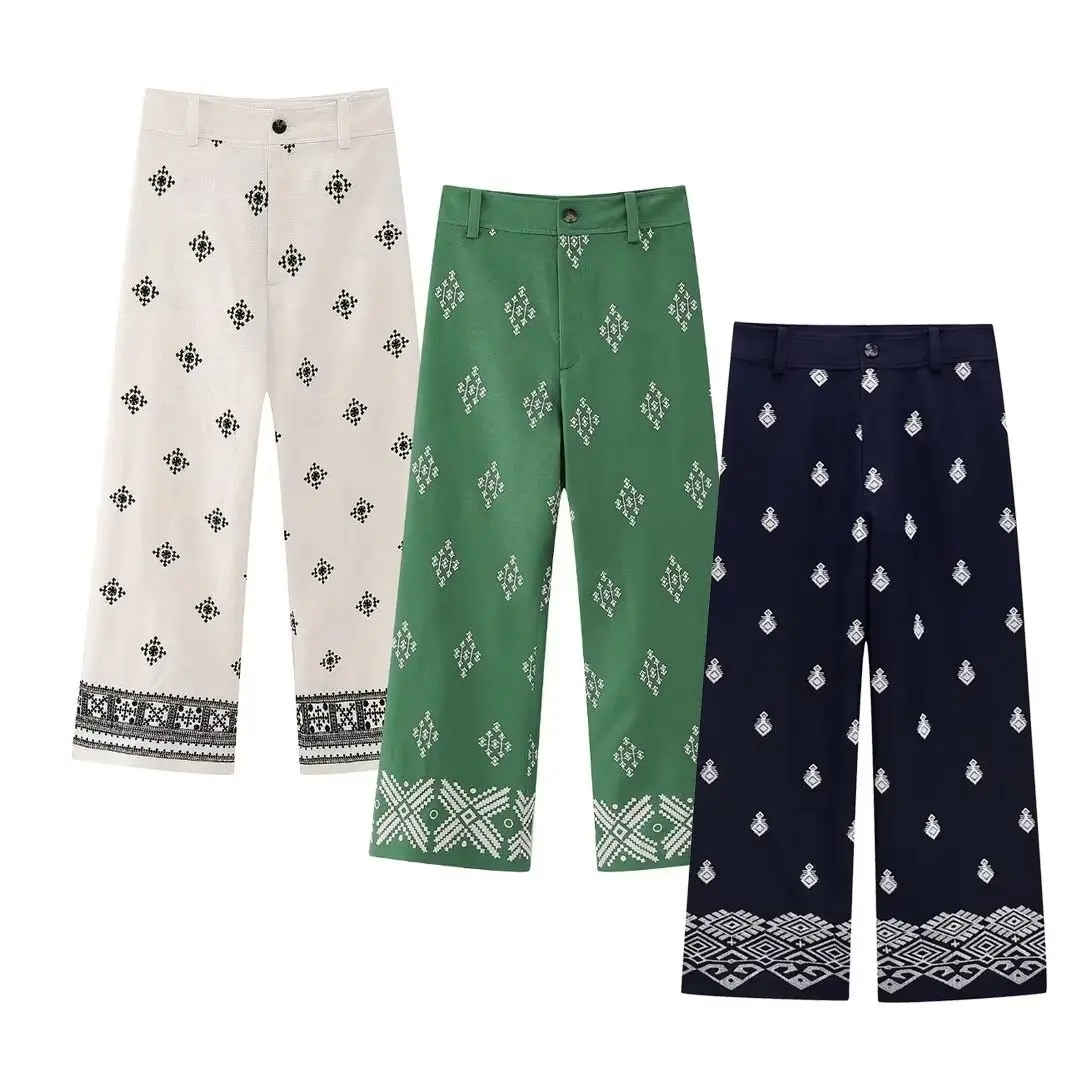 2023 Spring New Vintage Contrast Wide Leg Trousers Relaxed Casual White Print Linen High Waist Wide Leg Pants Women Summer