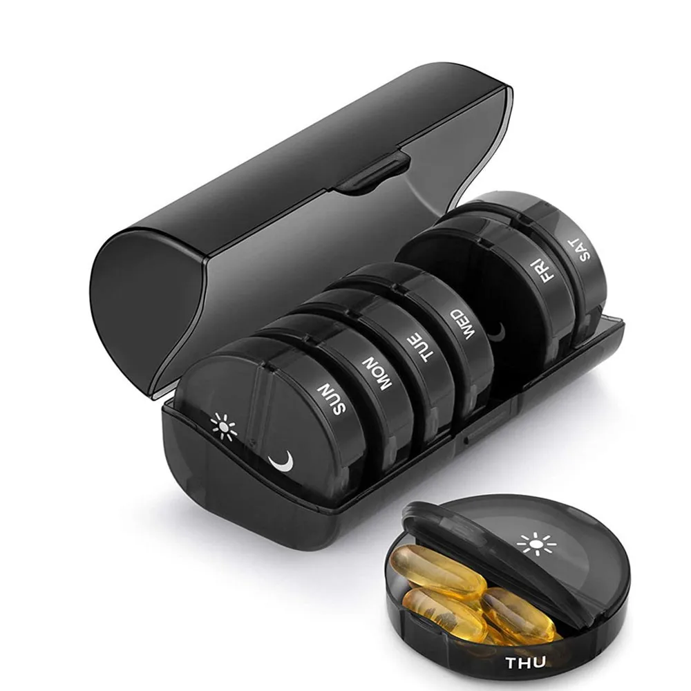 Hot Sale Pill Box 2 Times a Day Weekly Pill Organizer AM PM with 7 Daily Pocket Case Black Storage Box