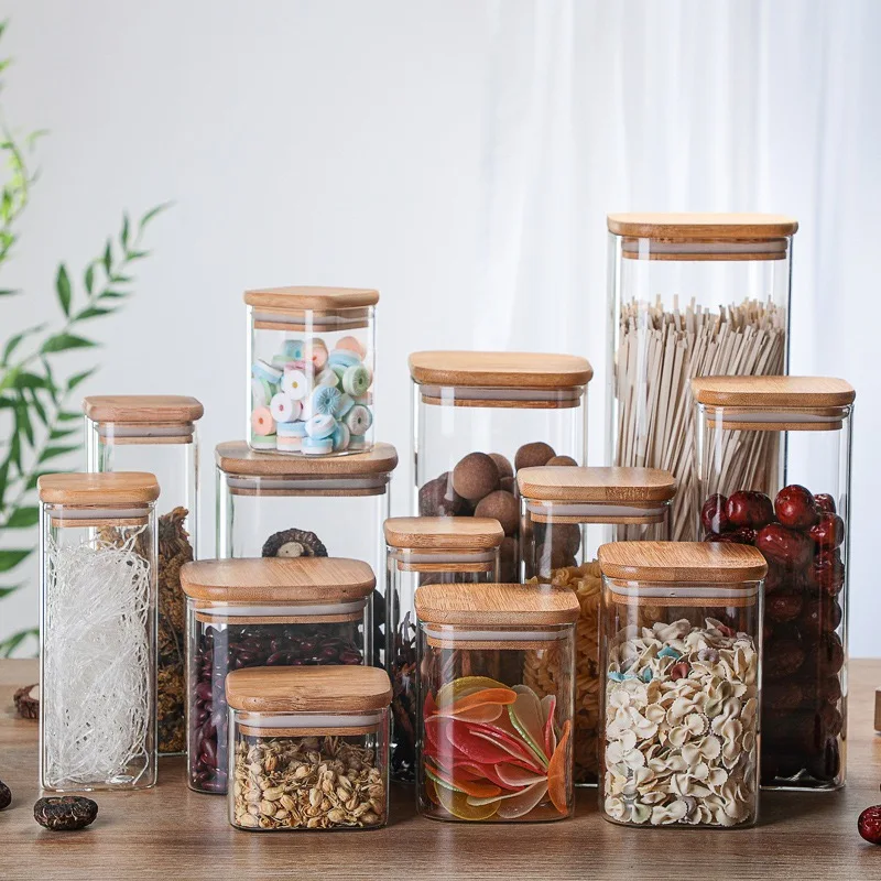 Square Airtight Kitchen Organizer Transparent Glass Food Storage Jars With Bamboo Lids