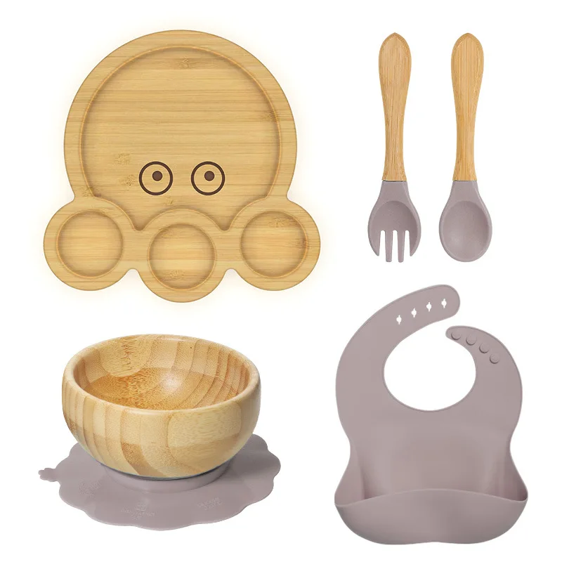 Wholesale Animal Shape Children Kids Bamboo Silicone Suction Bowl Plate Baby Toddlers Platter Cartoon Cutlery Set
