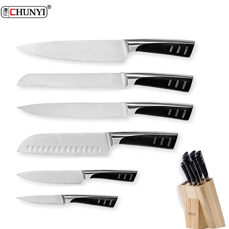 Unique Design High Quality stainless steel 7pcs knives set with wooden base built-in sharpener Multifunctional  single  knives
