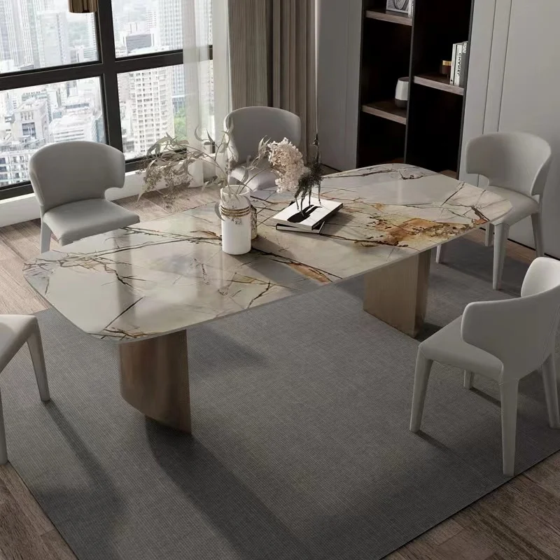 Luxury metal dining table unique shape dining table designs marble top long sintered stone rock dinner table villa house garden