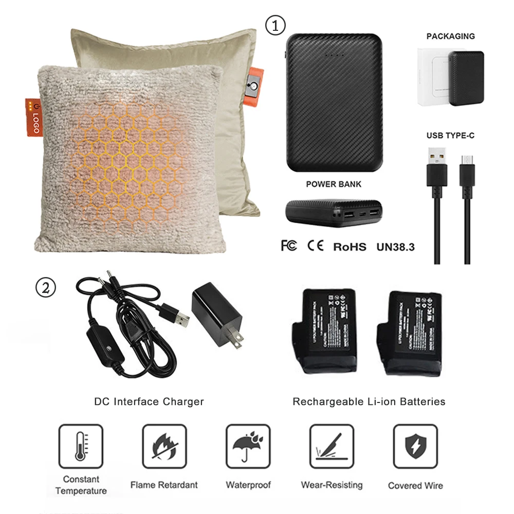 Christmas Gift 7.4V Warmte Kussens Battery Graphene Flame Retardant Heated Cushion Electric Heated Pillow with Lithium Bbattery