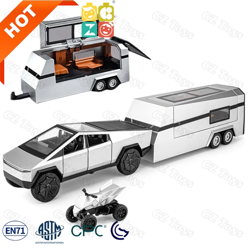 CZ 1/32 Large Pickup Truck Toy with Motorhome and Motorcycle Diecast Pickup Truck Trailer RV Alloy Model Collection Vehicles