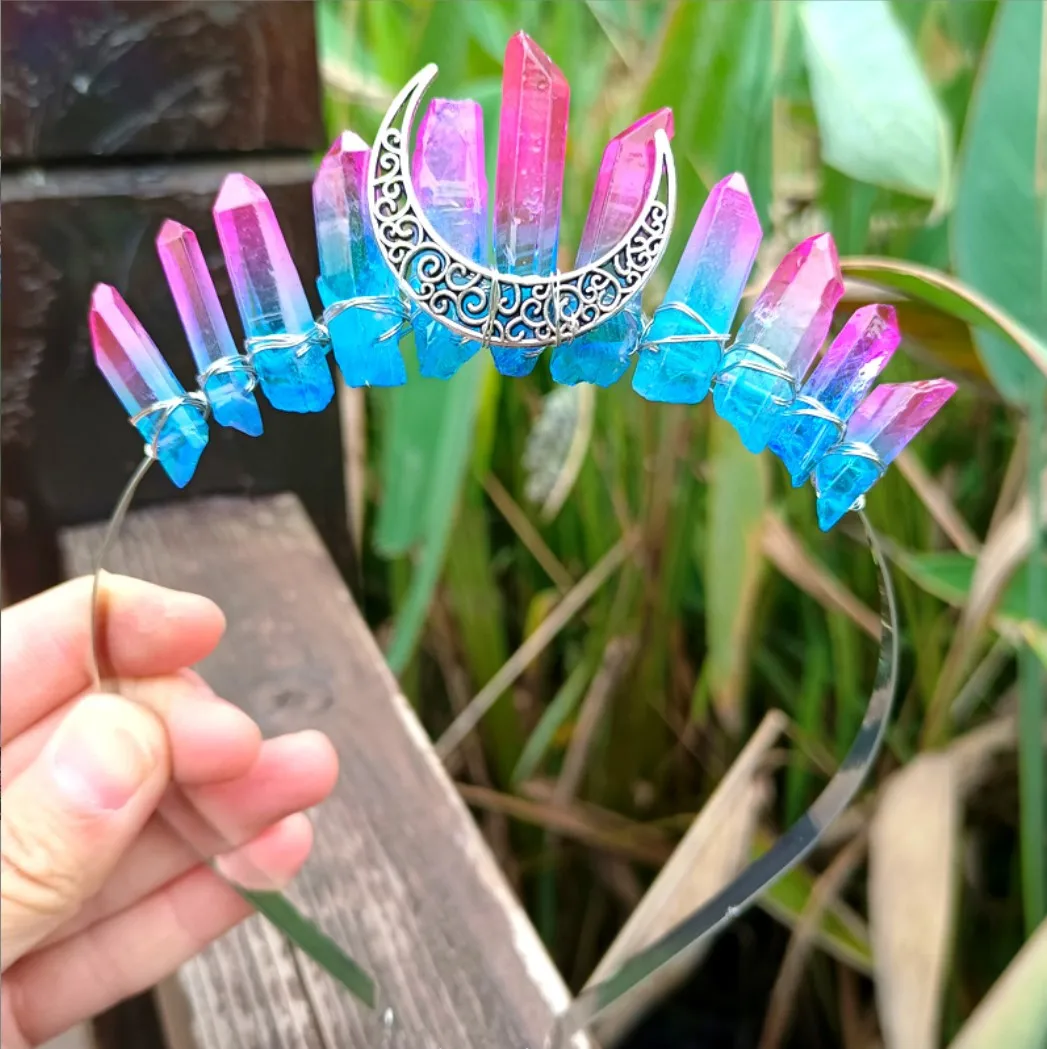 Handmade Natural Crystal Stone Crown Moon Hair Hoop Headband