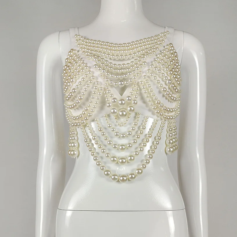 Ocstrade Fashion White Pearl Body Jewelry Chain Strap Pearl Vest Sexy Handmade Body Chain Jewelry For Women Crop Top