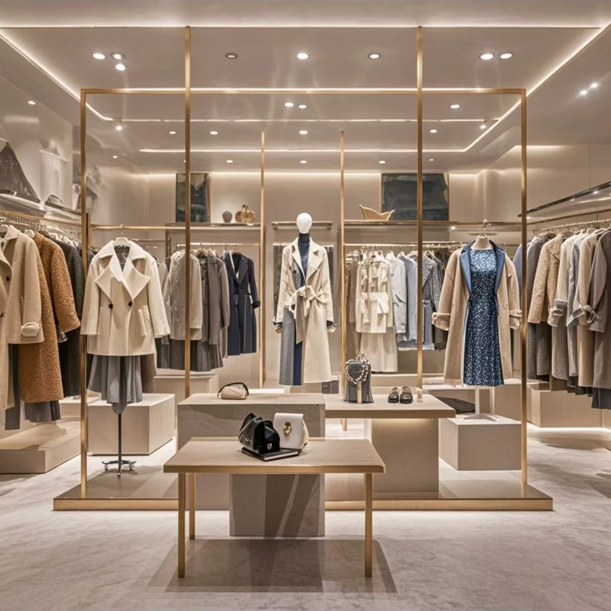 Luxury clothing store fixtures mall metal gold wall floor stand custom clothes display rack shop design