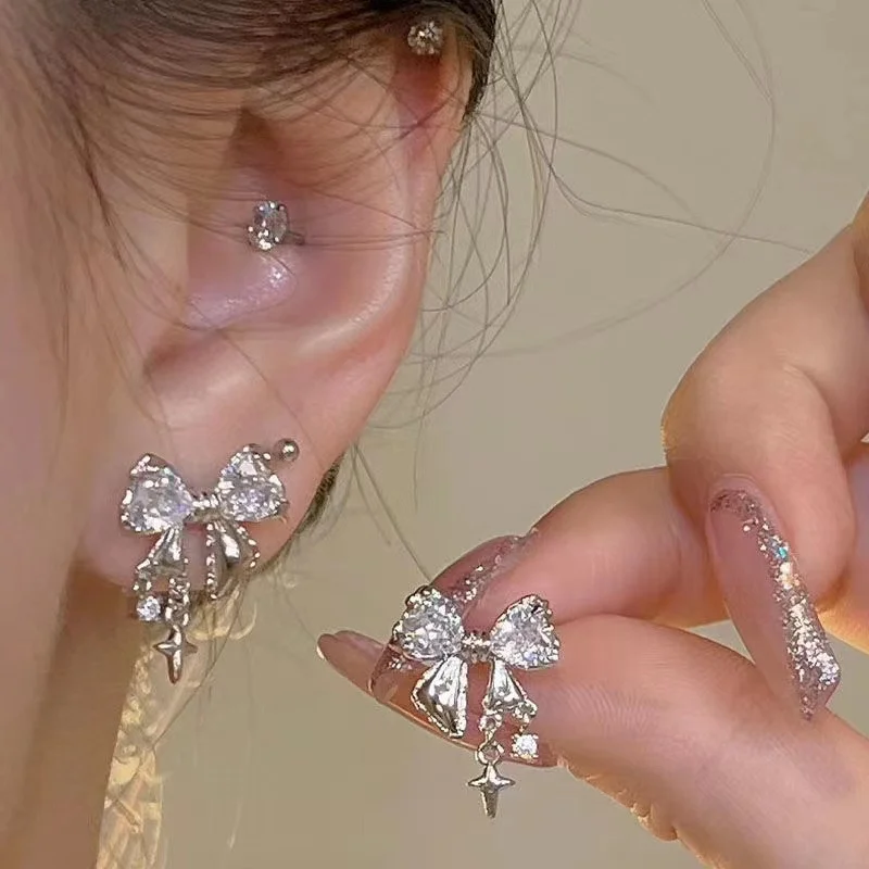 2023 New Korean Style Exquisite Pink Zircon Bowknot Stud Earrings for Women Girls Sweet Star Pendant Earring Jewelry