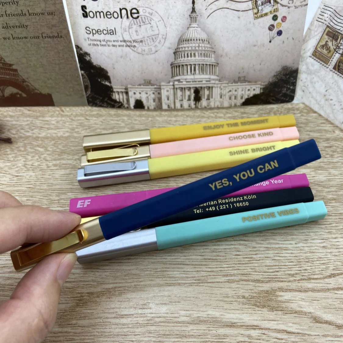 pen manufacturer promotional printed customize logo hotel Rubber coated metal clip golden black square pens for promotion