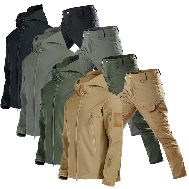 Manufacturer direct sales shark skin soft shell tactical assault suit  hooded  jacket waterproof and warm uniform set