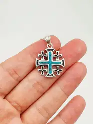 High Quality Gold Plated Men Solid 925 Sterling Silver Holy Orthodox Opal Stone Jerusalem Cross Pendant Chain Necklace